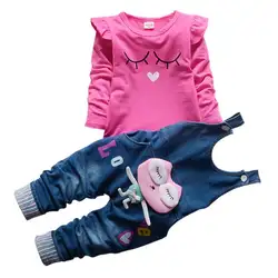 Комплект одежды для маленьких девочек; Повседневная хлопковая Футболка с рисунком + джинсы; штаны на плечо; Детские костюмы; одежда для