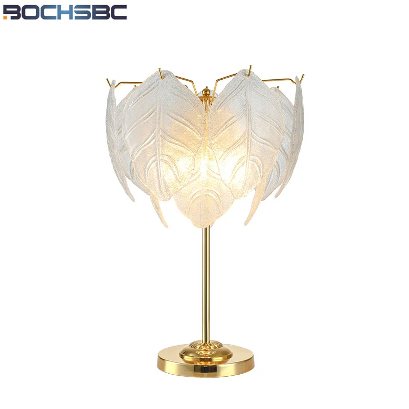 

BOCHSBC Iron Glass Leaves Table Lamp Nordic Modern Warm Romantic Desk Light for Living Room Bedroom Study Room Creative Lights