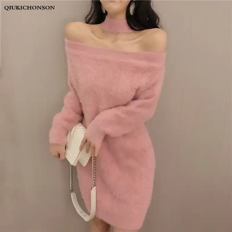 pink off the shoulder sweater dress
