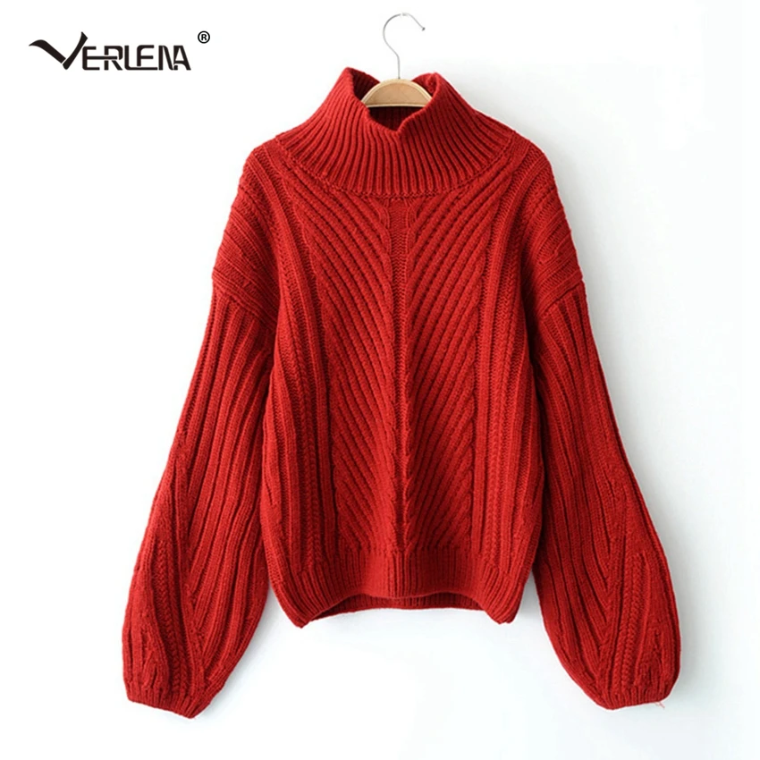 

Verlena 2018 Thick Warm Autumn Red Sweater Women Pit Stripe Long Lantern Sleeve Turtleneck Loose Knit Pullover Fashion Sweaters