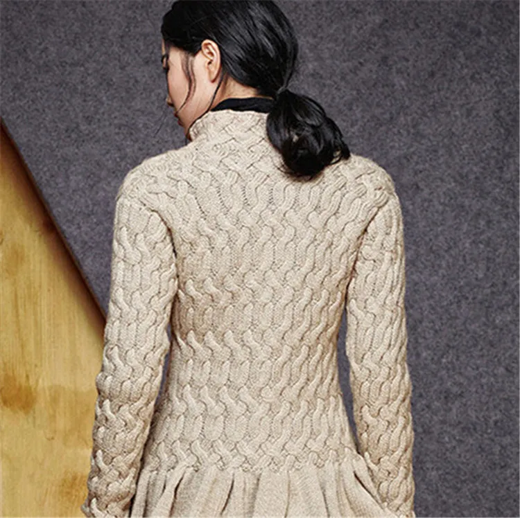  hand made pure wool thick knit women fashion solid stand collar loose single breasted cardigan swea