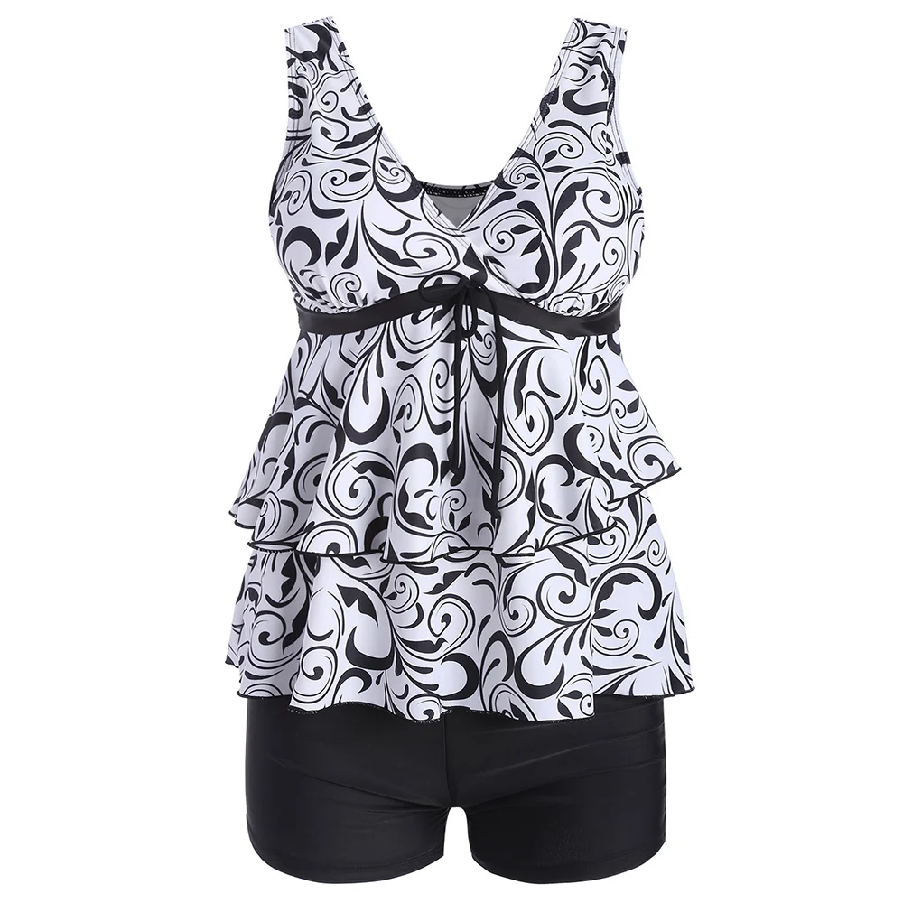 

Rosegal Plus Size Flounce Printed Two Piece Set Summer Beachwear Adjustable Shoulder Straps High Waist Women Set Bathing Suit