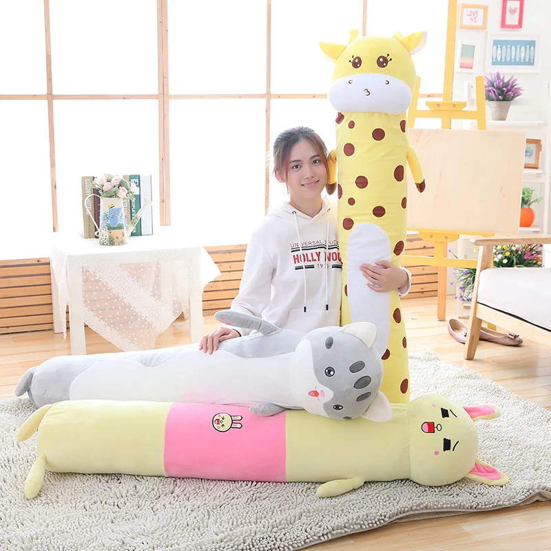Плюшевая подушка с длинными животными, цилиндрическая, для детей, для взрослых, с кроликом, медведем, динозавром, жирафом, кошкой 95/140 см