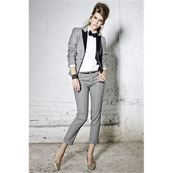 

Custom Gray Womens Business Suits Office Uniform Single Breasted Long Sleeve Coats Blazer+Pants Casual Slim Lady Trouser Suit