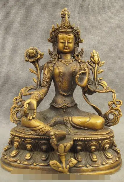 

S06624 9" Tibet Bronze Religion Temple Lotus Green Tara Buddha Kwan-yin Statue Set