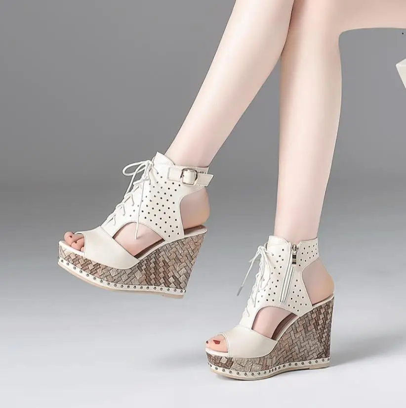 

Summer 2019 new leather 11cm ultra high with hollowed-out Romanesque fashion versatile sandals