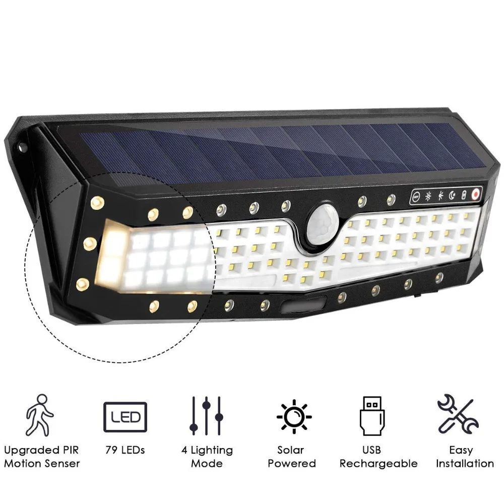 

Newest Solar + USB Power 3 Mode Waterproof 79 LED Solar Light Outdoor Garden Light PIR Motion Sensor Pathway Wall Lamp 3.7V
