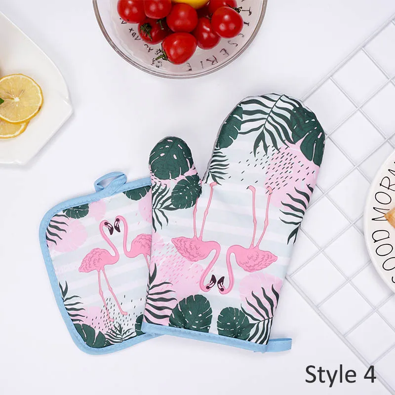 Baking Pad Kitchen Accessories Anti-hot Flamingo Pattern Baking Gloves Heat Resistant 2Pcs Microwave Insulation Mat Portable