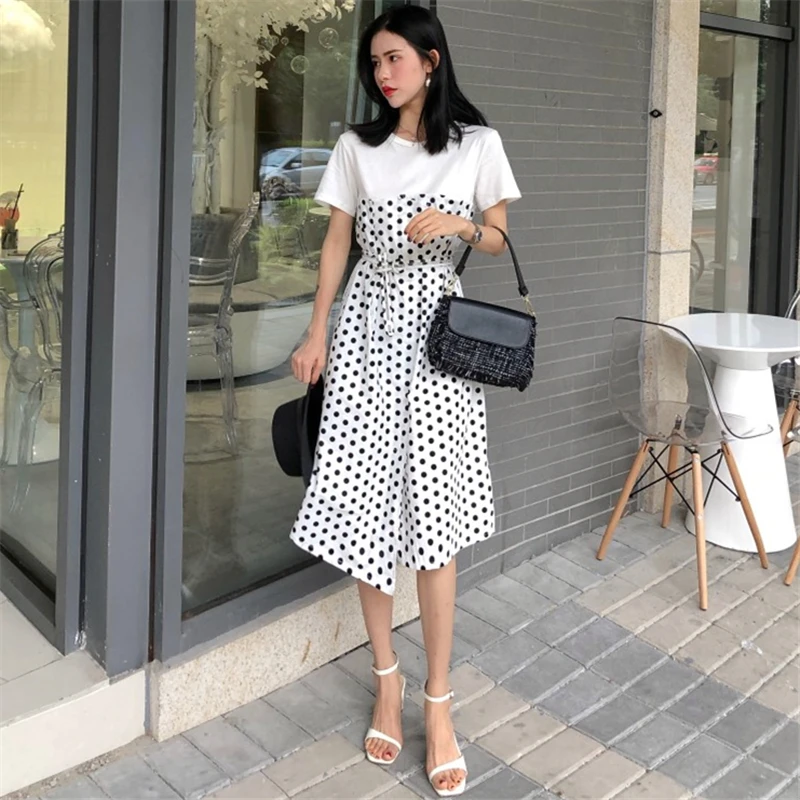 

Lychee Girls Elegant Patchwork Lace Up Short Sleeve Summer Women Dress Sling Long Dress Causal A Line Dress Female