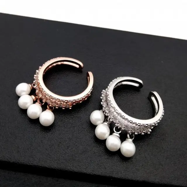 Women Adjustable Ring Rose Gold-color  Simulated Pearl Jewelry Rings With Micro Pave Zircon Decoration Fine Gift
