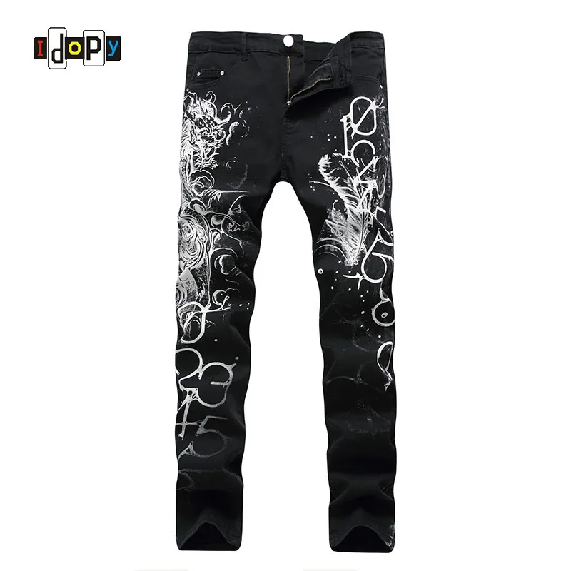 Cool Men`s Dragon Printed Jeans Hip Hop Painted Slim Fit Elastic Black Male Denim Trousers Pants 