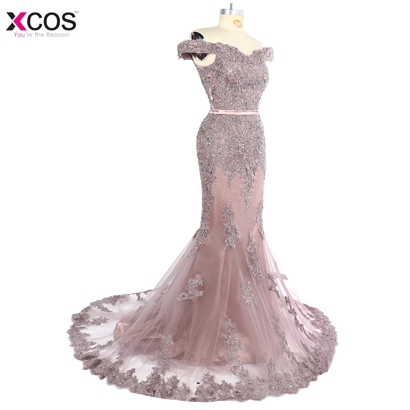 Dusty Pink Off the Shoulder Mermaid Evening Dress Long 2019 Lace Appliques Beads Formal Trumpet Prom Gown Robe de Soiree Longue