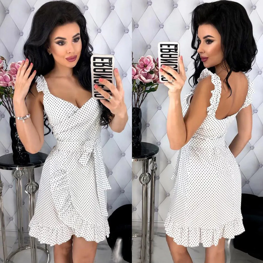 

Dot Print Camis Dress Women Sexy White Wrap Bodycon Casual Rustic Summer Style Boho Resort High Waist Red Polka Dots Dresses #30