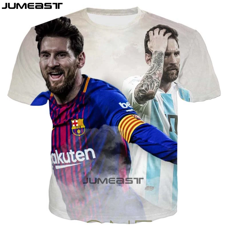 Бренд Jumeast, Мужская/женская футболка с 3D принтом, футболка с короткими рукавами с рисунком футбольной звезды Lionel Messi, спортивный пуловер, летние футболки