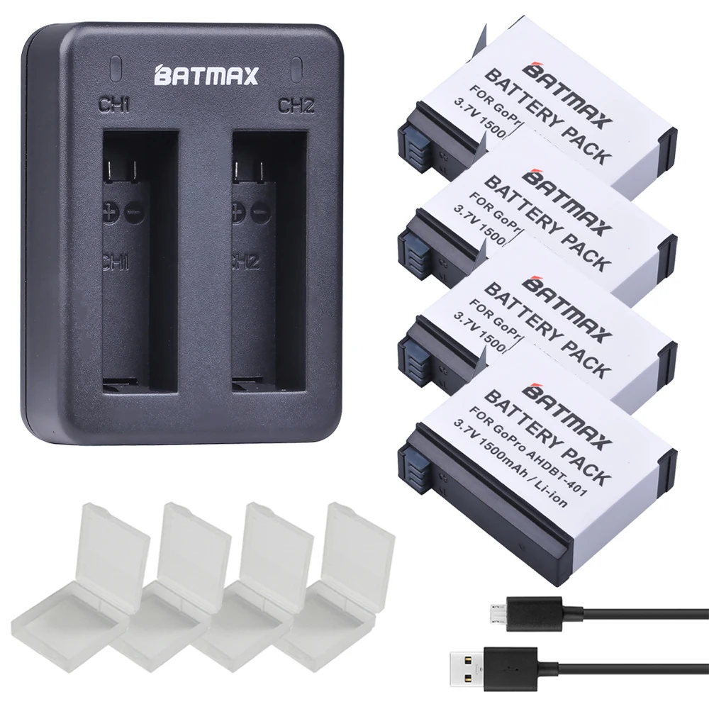 4Pcs Batmax Batteries LCD USB Dual Charger for Gopro 4 Battery GoPro Hero 4 Battey Bateria