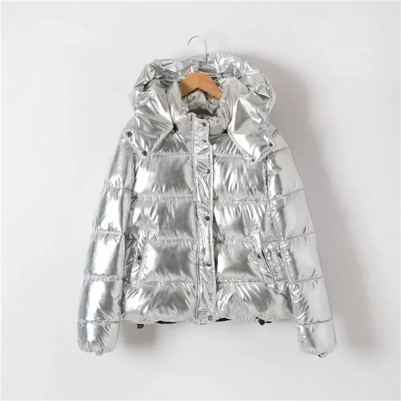 CamKemsey Warm Thicken Winter Coat Women Streetwear Metallic Silver Down Cotton Padded Hooded Winter Jacket Women Parkas