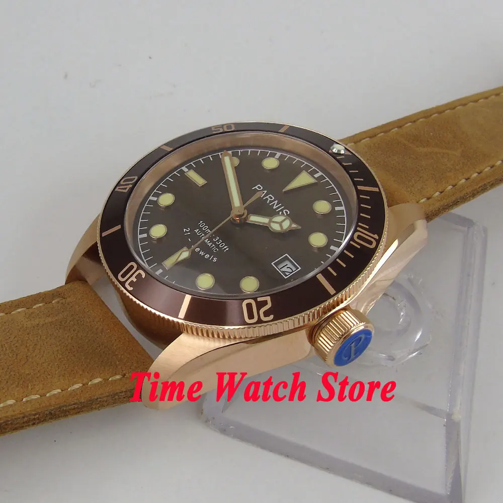  41mm PARNIS fashion style men's watch golden case sapphire glass brown dial luminous 21 jewels MIYO