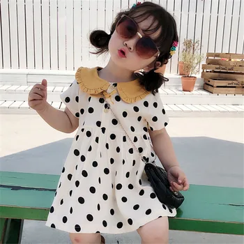 

Girl Bow Tit Point Doll Collar Princess Dress 2019 Summer New Short Sleeve Dot Pattern Cotton Casual Dress Children A Line Dress