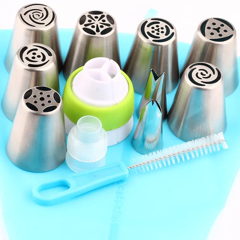 

9Pcs Russian Pastry Tip Icing Piping Stainles Steel Nozzle cake Decaretion Tool Set And 1Pcs Nozzles Bag 1Pcs Brush 2Pcs Coupler