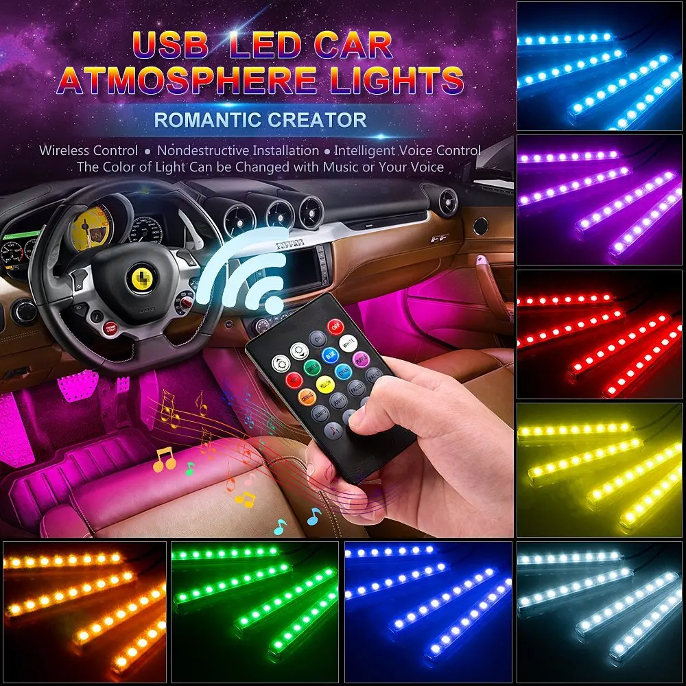 48 LEDs Car Led Strip Lights with Two-Line Waterproof Design Interior Car Lights DIY Mode and 21 Music Sync Effects with App & IR Remote Controller 