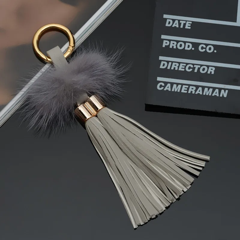 Fashion Genuine mink hair Key Chain Solid color Two Tassels Car Key Ring High Quality Keychain Bag Pendants Gift Jewelry K1784