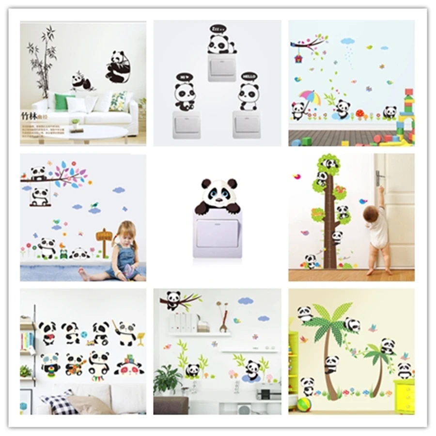 

% Cartoon Forest Panda bamboo Birds tree flowers car Wall Stickers Kids room baby Nursery Room decor animals Wall decals mural