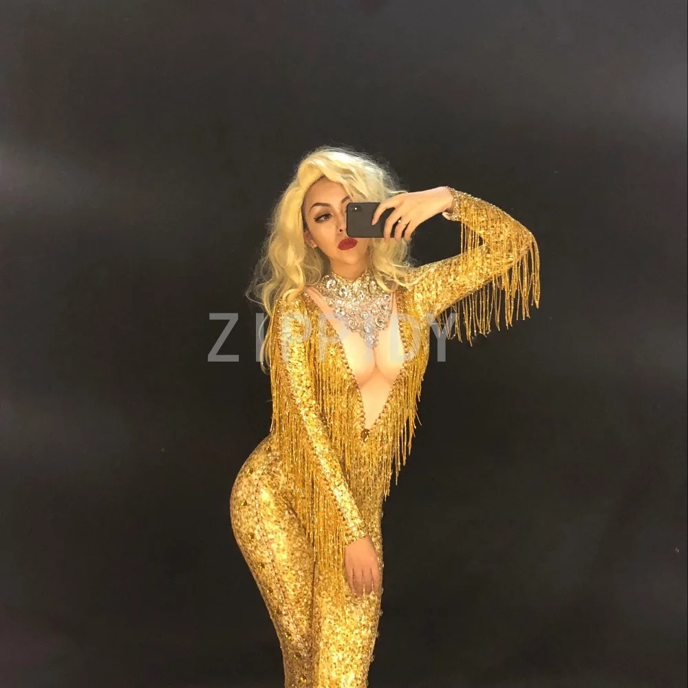Sparkly Gold Stones Tassel Jumpsuit Rhinestones Sexy Bodysuit Female Singer Evening Stage Wear Women's Birthday Celebrate Outfit