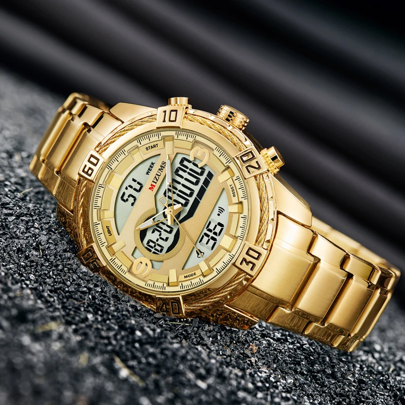 2019 MIZUMS men gentleman business luxury stainless steel quartz watches male dual time waterproof bracelet erkek kol saati