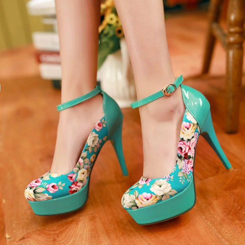 

US4-10 Womens Platform Stilettos Super High Heel Printed Floral Ankel Buckle Shoes Pumps Mixed Colors Plus Size 3Color A1111