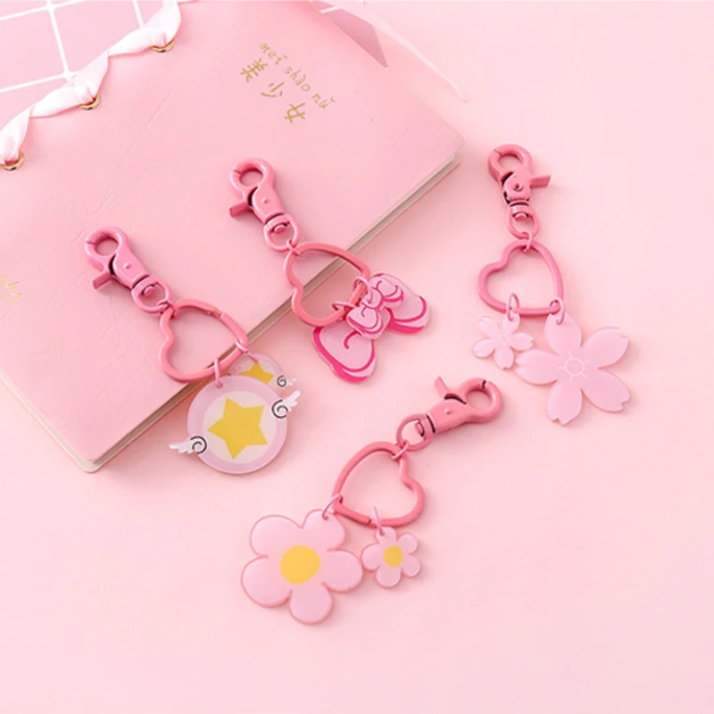 

100pcs/Lot Sweet Pink Flower Keychain Peach Blossom Key Chain Sakura Keychain Bowknot Star Keychains
