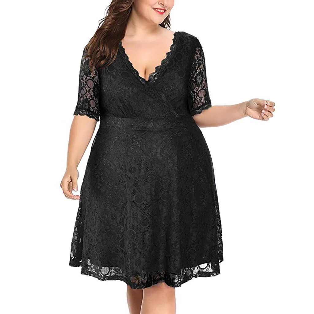 

Women large Size Lace V Neck Short Formal print sundress polyester Wedding Party Cocktail half With Pocke L0509