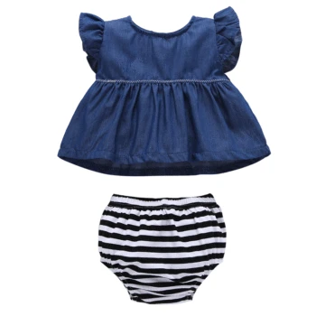 

1-3 old comfortable cotton 2019 infant baby summer lotus leaf sleeve clothes + striped briefs set baby clothes two-piece suit
