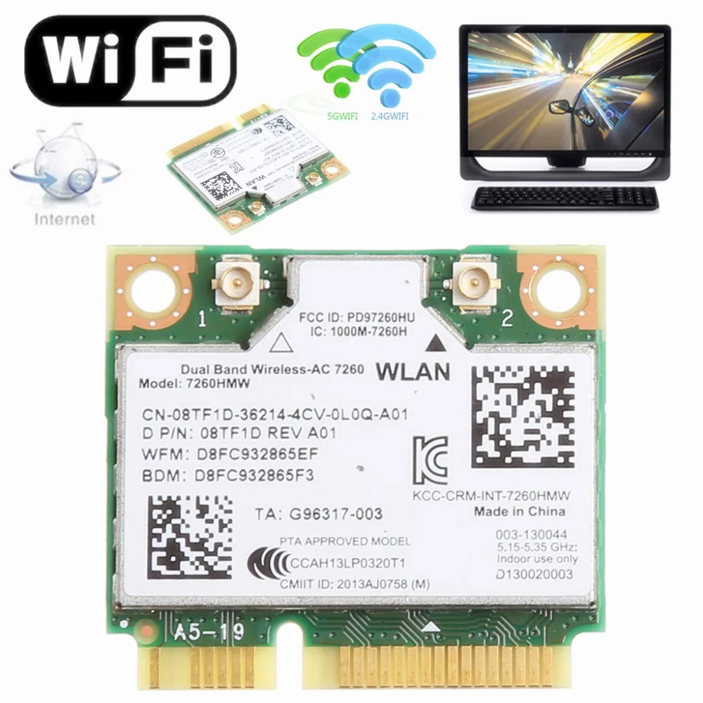 Двухдиапазонная мини-карта PCI-Express для DELL 7260HMW Bluetooth V4.0 Wi-Fi 876 м 2 4 + 7260 Intel AC 5G |