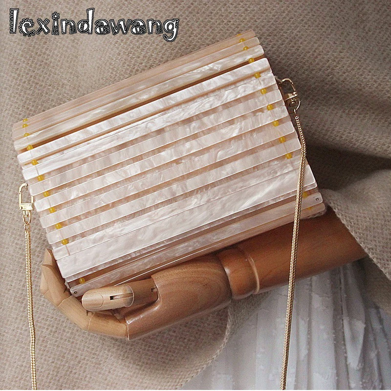 

champagne Acrylic Flap Box Bags Luxury Hollow Out Evening Party Bags with cover Retro Women Lady Purses Clutches Handbags