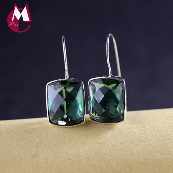 

100% 925 Sterling Silver Earrings For Women Simple CZ Square Green Crystal Drop Earrings Wedding Punk Jewelry Accessories SE36