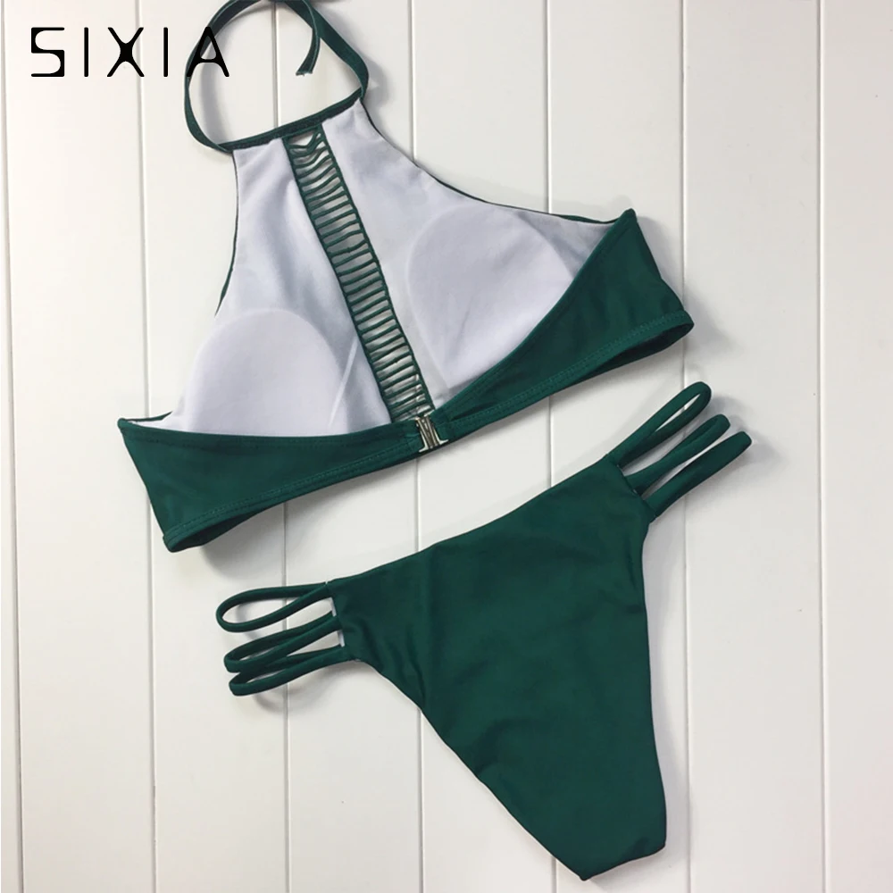 Green Sexy High Neck Bikini Set High Waist bikini Swimwear Women Push Up Swimsuit Female 2018 String bikini mujer bathing suit