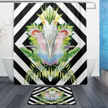 

Parrot Tropical Leaves Geometry Waterproof Polyester Fabric Shower Curtain with Hooks Doormat Bath Floor Mat Bathroom Home Decor
