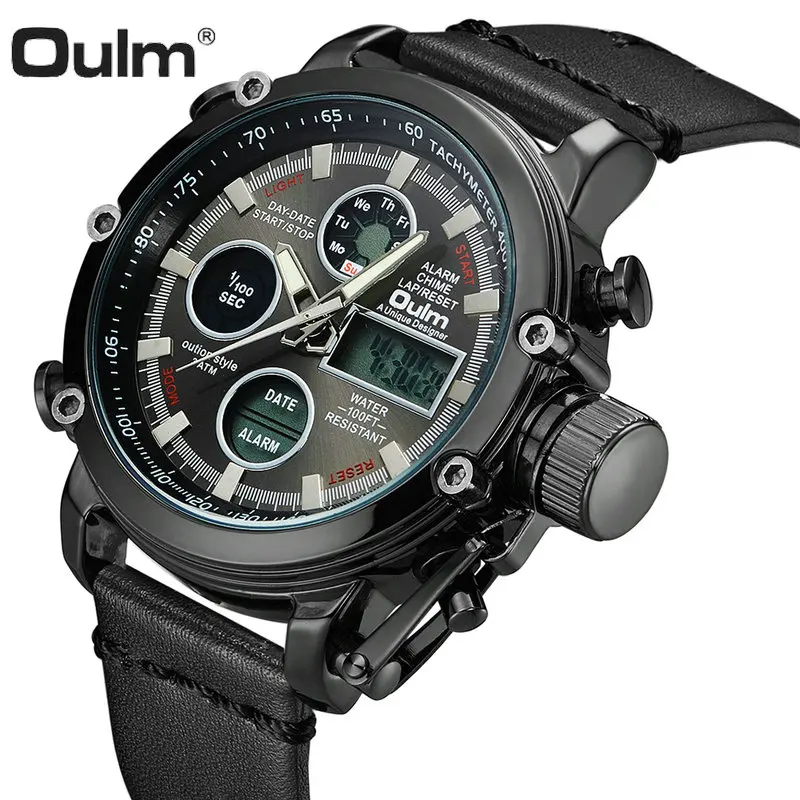 

OULM Military Digital Dual Time Watch Men Leather Strap Chronograph Calendar Alarm Waterproof LED Electronic Wrist Watches 2019