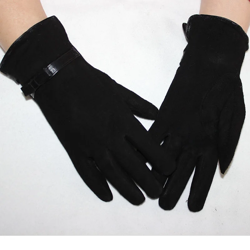 Женские замшевые перчатки из овчины, зимние толстые теплые перчатки с мехом кролика и попугаем, черные стильные кожаные перчатки с бантом