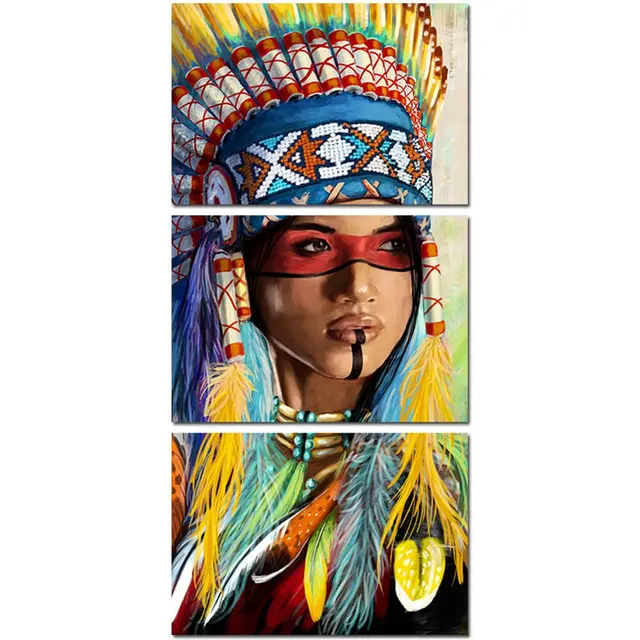 Modern Frame 3 Panel Native American Indian Girl Feathered Canvas Painting For Living Room Wall Art Prints Home Decor