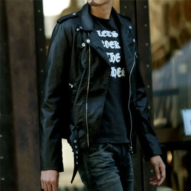 

Street Culture Men Motor Jacket Quality Goods PU Leather Slim Belt Autumn Coat Black 007