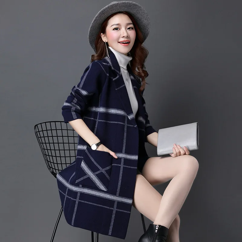 M-5XL, корейское Женское пальто, весна-осень, вязаный свитер размера плюс, кардиган, женская зимняя куртка, свободные, большие размеры, длинные свитера, пальто - Цвет: Синий