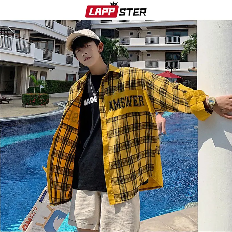 

LAPPSTER Men Color Block Yellow Plaid Shirt 2019 Mens Summer Shirts Long Sleeve Male Vintage Pocket Casual Fashions Clothing 2XL