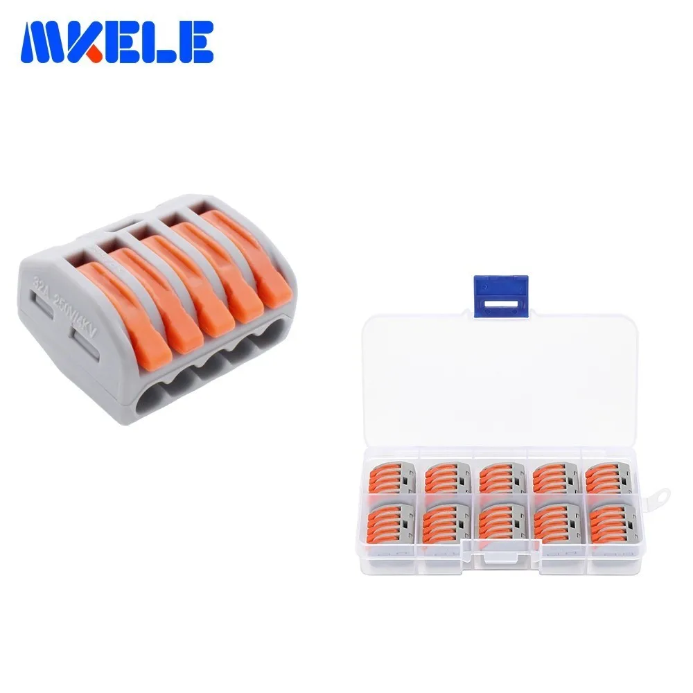 

10pcs Universal Compact Fast Wire Wiring Connector With Box 5 Pin Wago Connector Conductors Terminal Block 32A MKVSE-415 On Sale