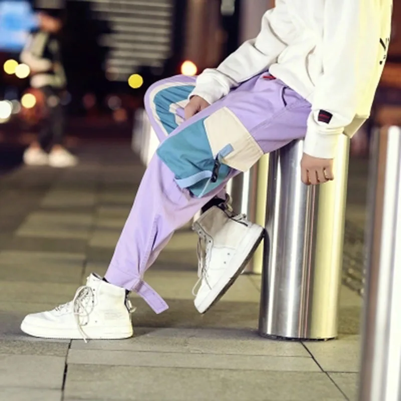 Ribbon Purple Pants Men Pocket Cargo Drawstrings Track Ankle Length Hip