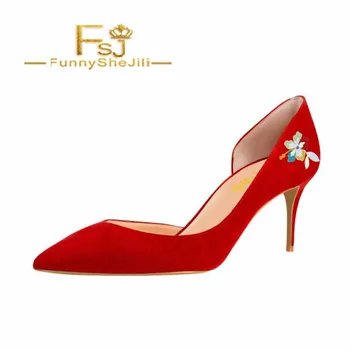 

Women's Red Flora Print Pointy Toe Stiletto Heels Suede D'orsay Pumps Attractive Fashion Incomparable Generous FSJ Elegant Sexy