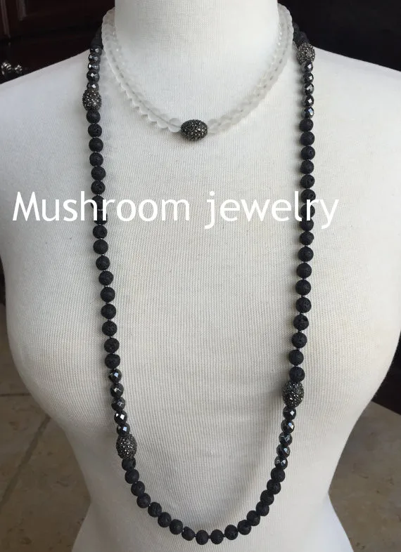 N00256Single Wrap Layering Necklace. Black Lava Beads with Faceted Hematite and Pave Crystal Gunmetal Ovals (2)