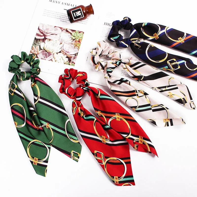 

summer Stripe Print Hair Scrunchies long bow Ponytail Hair Holder Stretchy Elastic Hair band for women Hair Accessories