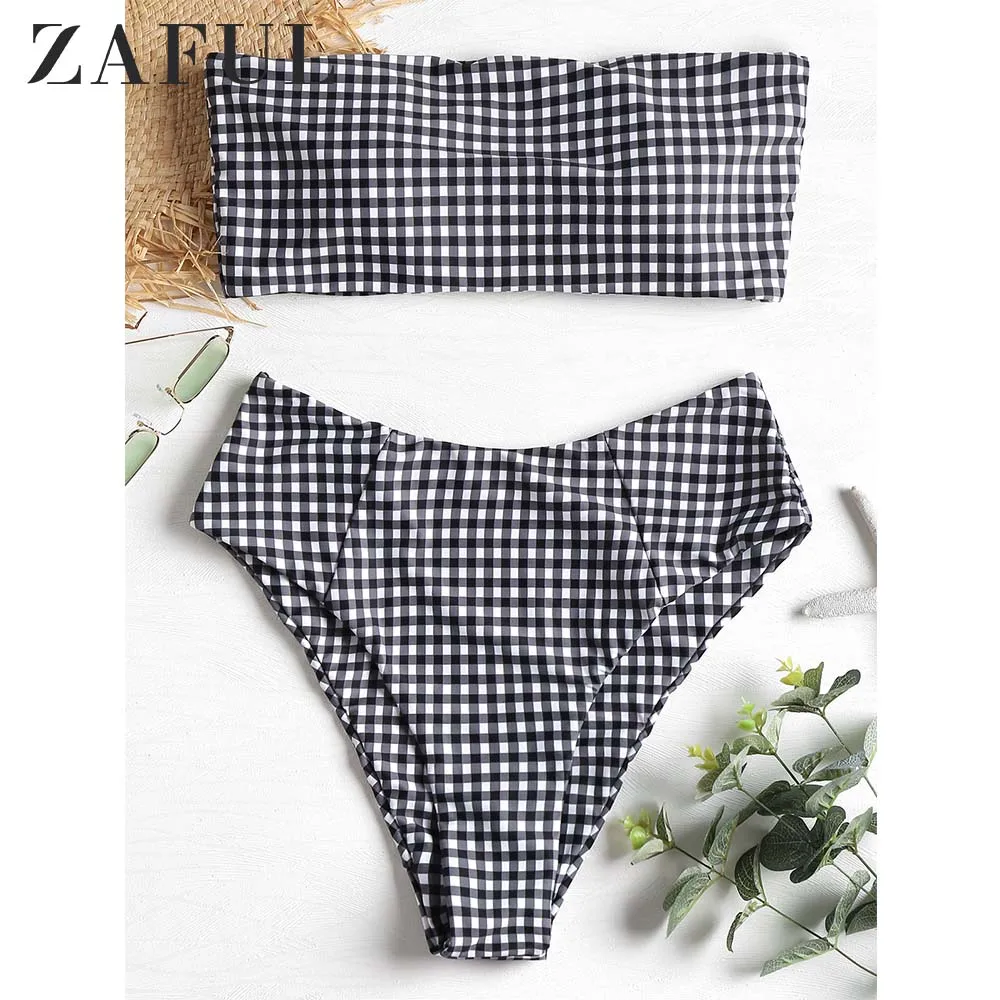  ZAFUL High Waisted Bikini Plaid High Cut Bandeau Bikini Set Sexy Strapless Swimsuit Women Swimwear 