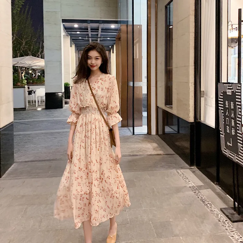 

2019 Popular Summer Dress the Fairy V-neck High Waist Floral Print Dress Female Long Chiffon The Dress Dresses